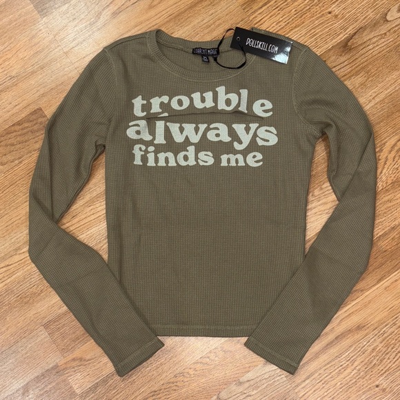 Dolls Kill Tops - Dolls Kill Trouble Always Finds Me Thermal Olive Green Cutout top
